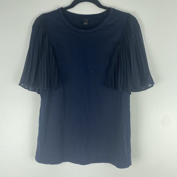 Ann Taylor Women's Flutter Pleated Sleeve Top Size S Navy Blue Cotton Blouse - Picture 1 of 8